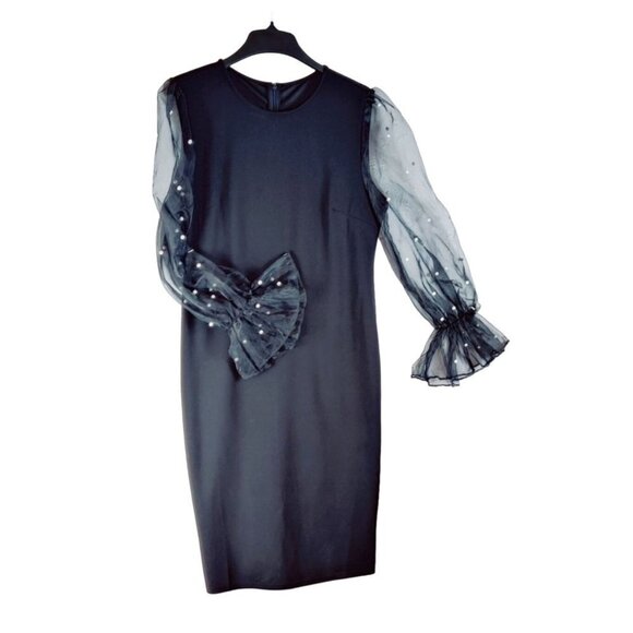 Black Romantic Evening Dress Sheer Puff Sleeves Pearls Shein Romantic Valentine - Picture 1 of 10